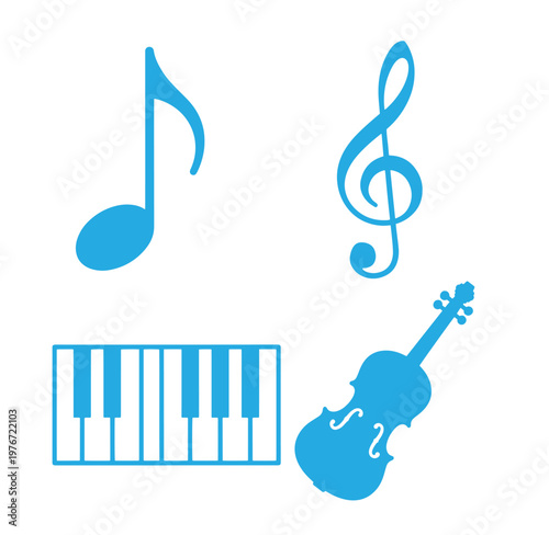 Blue music symbols and instruments on white background  notes and piano keyboard