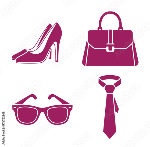Collection of fashion accessories including high heel shoes handbag sunglasses and necktie