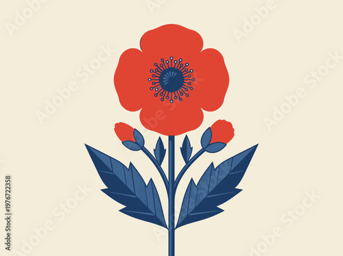 Stylized Red Poppy Flower Vector Illustration with Blue Leaves and Buds - Modern Minimalist Floral Graphic for Remembrance, Stationery, and Nature Design