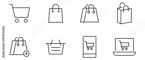 Online Shopping and Bag Icon Set, E-commerce Store Symbols, Shopping Cart Laptop Mobile, Retail Purchase Basket, Fashion Bag, Vector UI Design Elements
