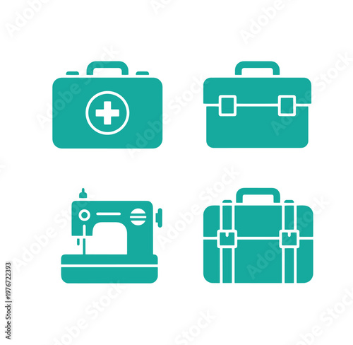 Collection of green icons for medical kit and travel luggage with sewing machine