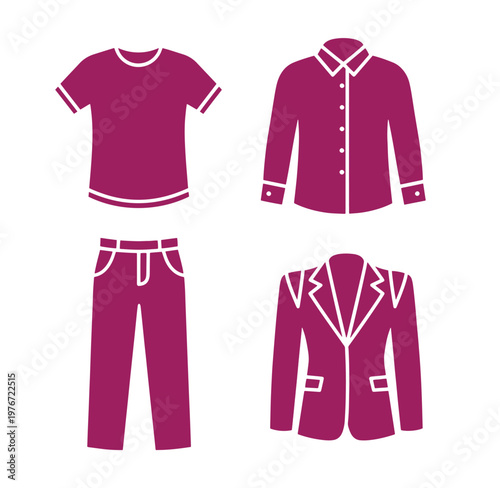 collection of purple clothing items including shirt pants and jacket on white background