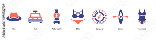Summer Lifestyle web banner icon vector illustration featuring Hat, Taxi, Water Bottle, Bikini, Compass, Canoe, and Swimsuit for tropical beach adventures.