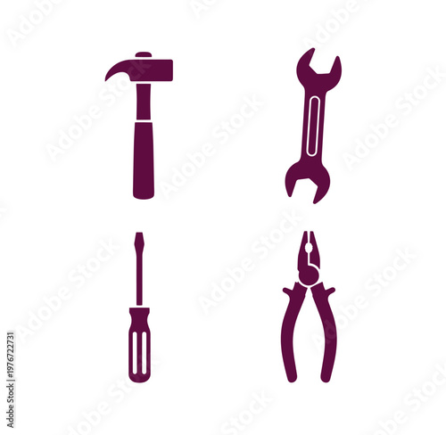four purple tool icons on white background including hammer wrench screwdriver and pliers