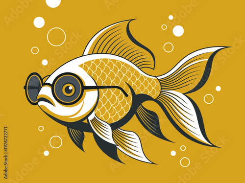 Cool Goldfish Character Wearing Round Glasses, Funny Nerd Fish Illustration, Stylized Vector Art on Yellow Background