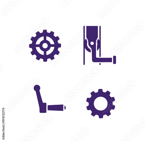 Industrial mechanical gears and robotic arm icons for technology and manufacturing concepts