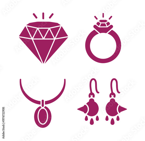 Pink jewelry icons including diamond ring necklace and earrings on white background