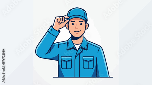 Bild auf Leinwand Friendly Delivery Man in Blue Uniform Tipping His Cap Vector Illustration