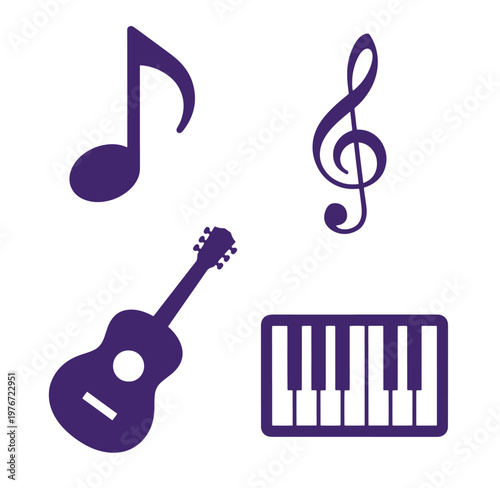 Music icons with guitar keyboard and notes on white background