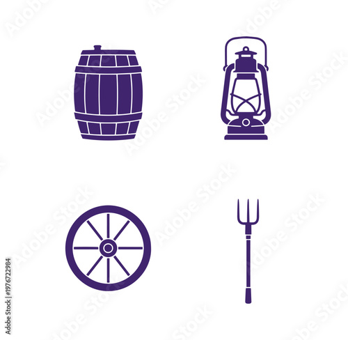Purple icons of a barrel lantern wheel and pitchfork on white background