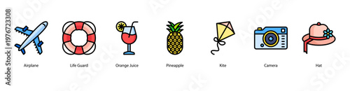 Tropical Adventure web banner icon vector illustration featuring Airplane, Life Guard, Orange Juice, Pineapple, Kite, Camera, and Hat for a vibrant summer holiday.