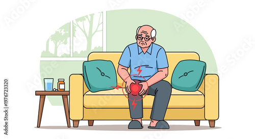 Elderly Man Suffering from Knee Pain Sitting on Sofa, Medical Treatment Concept