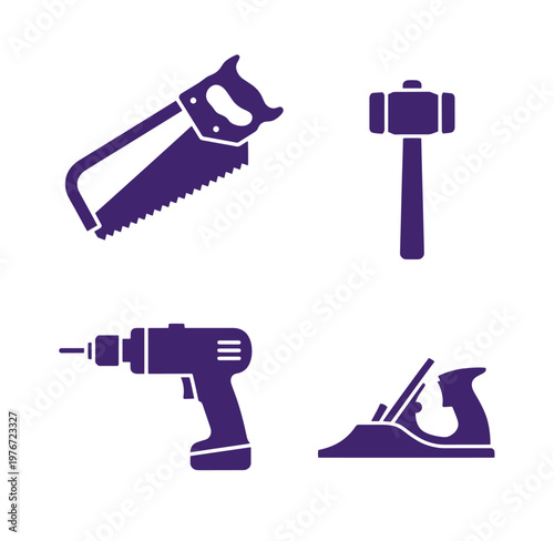 purple icons of various tools for construction and carpentry work on white background
