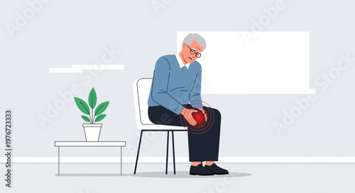 Elderly man suffering from knee pain while sitting on a chair at home, joint inflammation