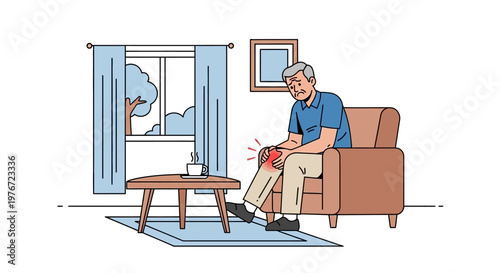 Elderly man suffering from knee pain while sitting on a chair at home, joint ache