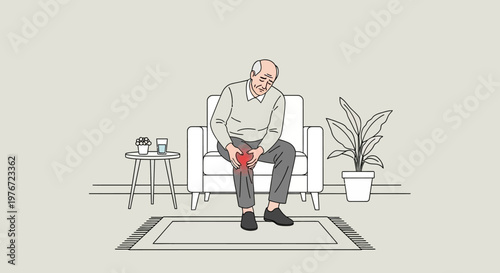 Elderly man suffering from knee pain while sitting on a sofa at home, joint pain illustration