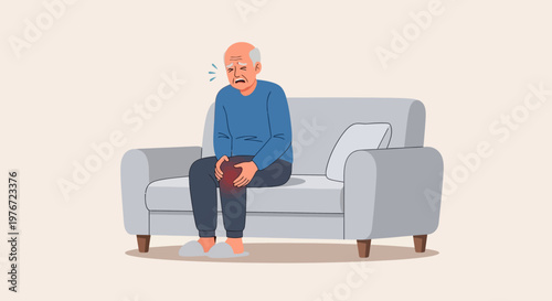 Elderly man suffering from knee pain while sitting on a sofa, expressing discomfort.