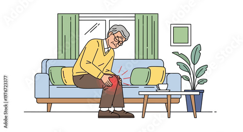 Elderly man suffering from knee pain while sitting on a sofa at home