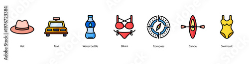 Summer Lifestyle web banner icon vector illustration featuring Hat, Taxi, Water Bottle, Bikini, Compass, Canoe, and Swimsuit for tropical beach adventures.