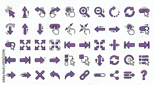 UI Navigation Arrow Icon Set in Purple Doodle Style. A collection of UI Elements Linear Icons, Including click, pointer, zoom, expand, collapse, share, back, forward, link, and more. Vector.