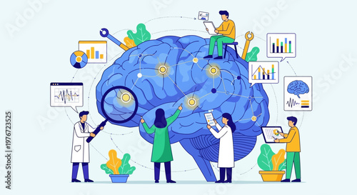Brain Research and Neuroscience Concept: Scientists Studying Brain Activity with Magnifying Glass