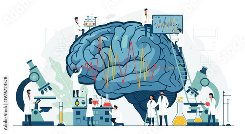 Brain Research and Neuroscience Concept: Scientists Study Human Brain with Microscopes and EEG
