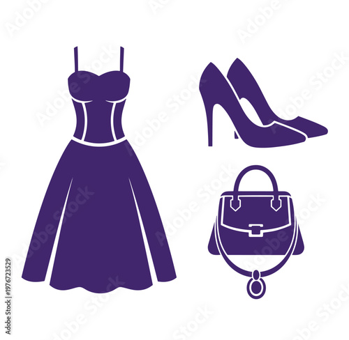 Purple silhouette of a dress shoes and handbag on white background