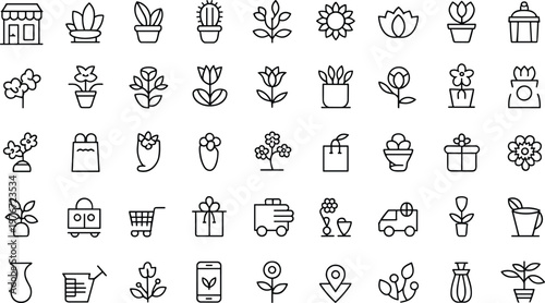 Plant flower gardening icons, floral shop design, potted cactus leaves, gift box delivery truck, vase storefront mobile phone