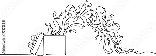Continuous line drawing of an open gift box with confetti and ribbons explosion, minimalist surprise concept