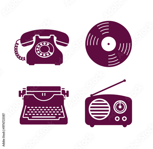 Retro media and communication devices icons including phone vinyl record typewriter and radio