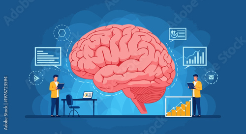 Brainstorming and Data Analysis Concept: Human Brain with Charts and People Working