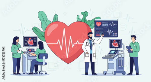 Cardiology Team Analyzing Heart Health Data on Medical Screens