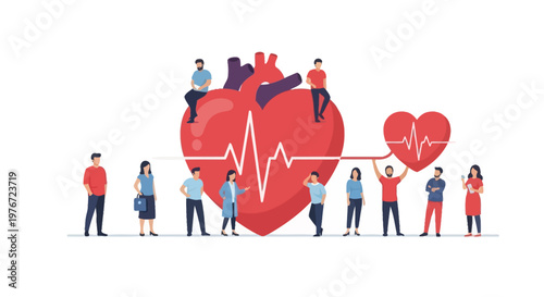 Diverse people around giant heart with ECG line, heart health concept