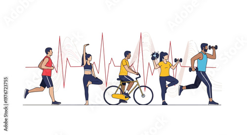 Diverse people exercising with heartbeat graphic, promoting healthy lifestyle and fitness.