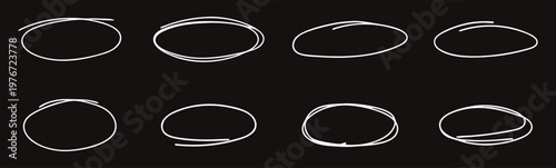 Hand drawn oval scribble circles set with sketchy marker lines on dark background. Abstract doodle frames and highlight shapes for design accents. Modern artistic outline elements collection.