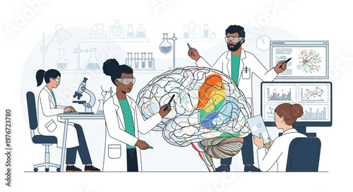 Diverse scientists study brain scan in modern laboratory, neuroscience research concept