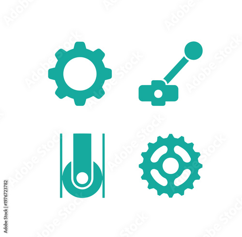 Teal colored gear and machinery icons on white background for industrial concepts