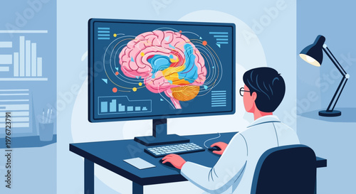 Doctor analyzes brain scan on computer, neuroscience research, medical technology