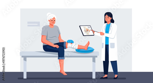 Doctor Explains Knee Injury to Elderly Patient on Examination Table