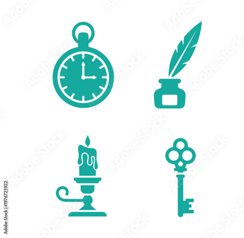 teal icons of clock key candle and inkwell on white background