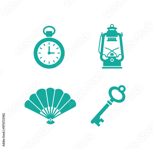 Teal icons of clock lantern fan and key on white background