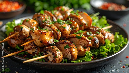 Grilled meat skewers on a plate with lettuce and spices