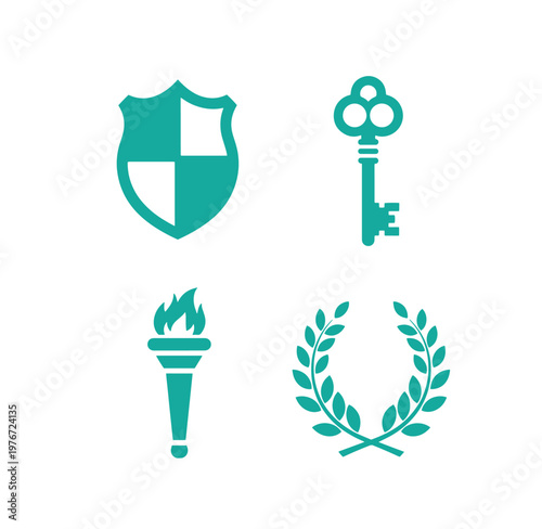 Teal icons of shield key torch and laurel wreath on white background