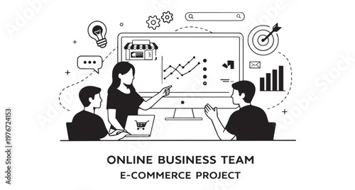 An online business team working on an ecommerce project collaboration meeting in the office with people