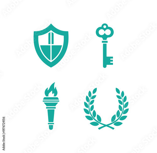 Teal icons of shield key torch and laurel wreath on white background
