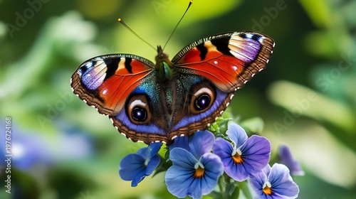 A beautiful painted lady butterfly with colorful orange wings rests on a yellow flower in a sunny summer garden meadow during a macro wildlife 