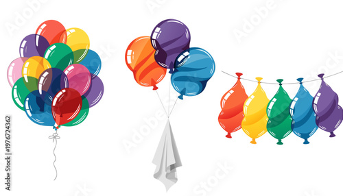 Colorful Party Balloon Illustrations Set with Floating Bunches and Decorative Bunting.eps