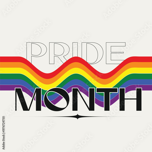 Mdoern Style Wave of Pride Flag Ribbon with 'Pride Month' Typography Sign in Black and White 