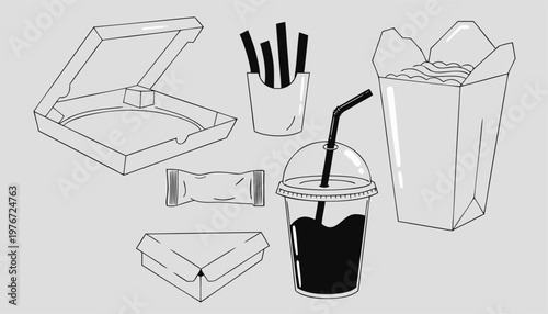 Vector Mockup Set of Fast Food Packaging Pizza Box, Noodle Box, French Fries, Drink Cup, and Sandwich Container Line Art Illustrations.eps