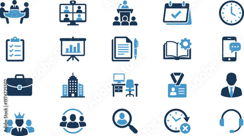 Business icons, office tools vector, professional activity symbols, workplace elements, productivity visuals, blue tone design, planning graphics, communication illustration, teamwork concept set
